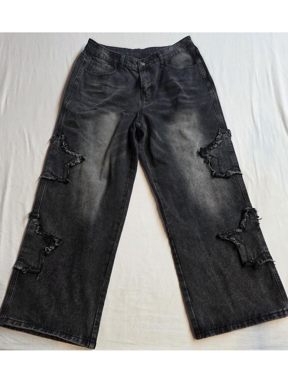 Mens Black Washed L Star Patch Jeans Distressed Loose Fit Baggy Straight Leg 32